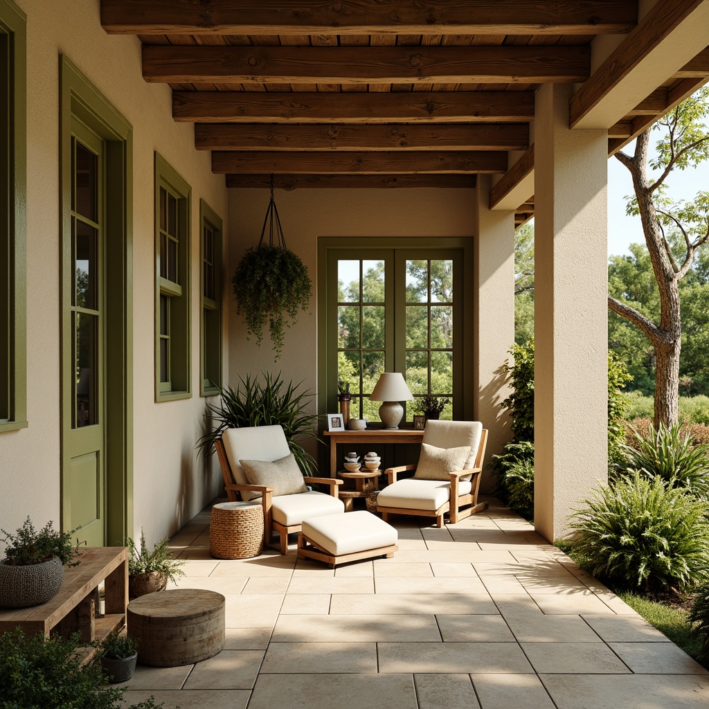 Prompt: Rustic farmhouse, earthy tone palette, warm beige walls, soft sage accents, distressed wood textures, vintage metal decor, natural stone flooring, cozy porch, lush greenery surroundings, sunny afternoon light, gentle warm shadows, shallow depth of field, 1/1 composition, realistic materials, ambient occlusion.