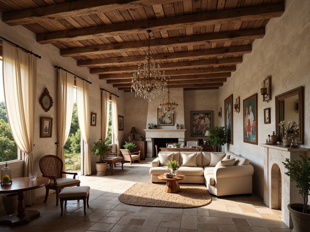 Prompt: Rustic French country villa, wooden ceiling beams, distressed wood textures, soft warm lighting, cozy atmosphere, natural stone walls, vintage furniture, elegant chandeliers, ornate metalwork, creamy white hues, earthy tones, lavish drapery, cinematic composition, shallow depth of field, 2/3 camera angle, romantic ambiance, whimsical decorative accents.