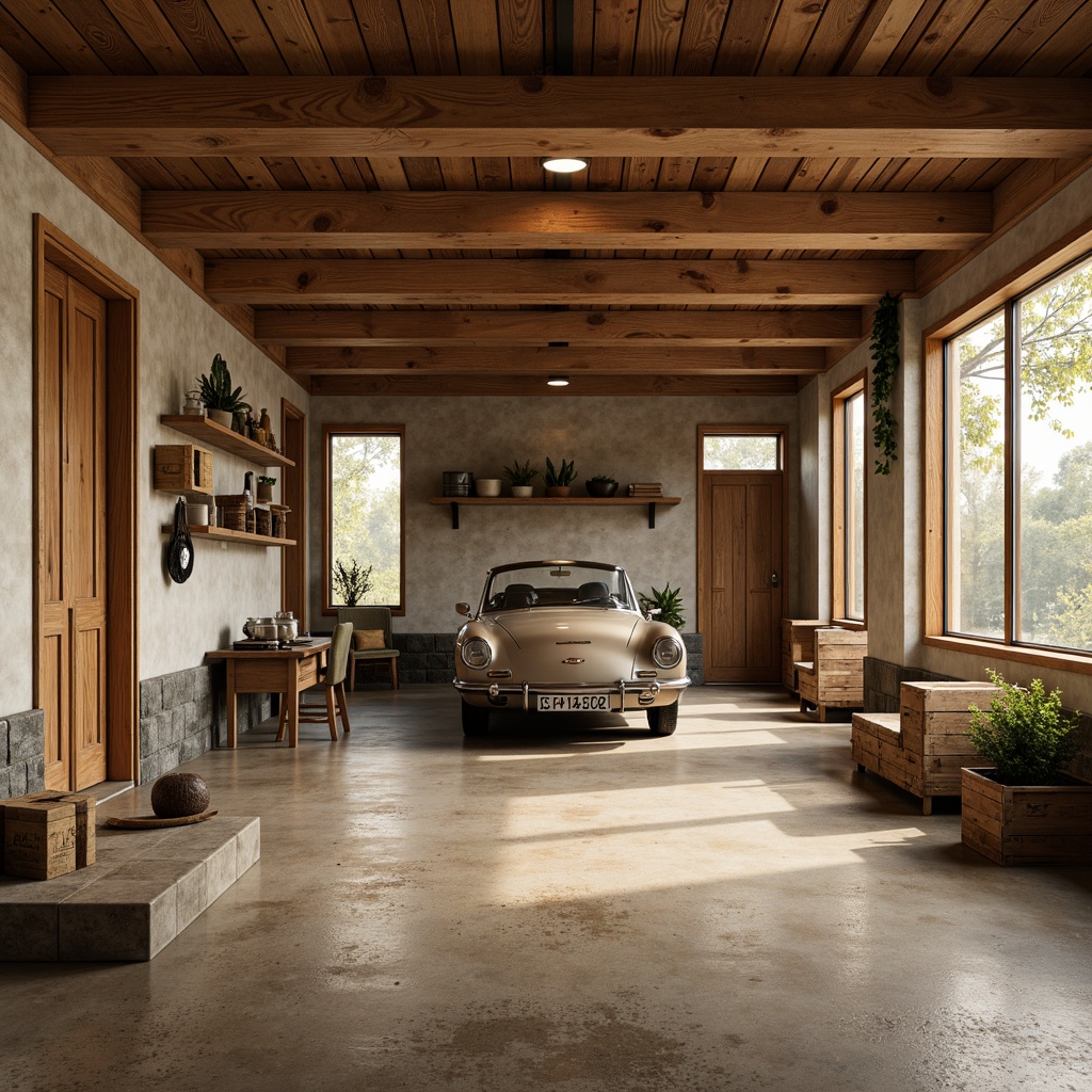 Prompt: Rustic garage, wooden accents, earthy tones, warm beige walls, rich brown floors, vintage metal tools, distressed wood crates, soft golden lighting, natural stone foundations, industrial metal doors, modern minimalist decor, calming color scheme, monochromatic hues, creamy whites, soft grays, muted blues, weathered wood textures, realistic reflections, shallow depth of field, 1/2 composition.