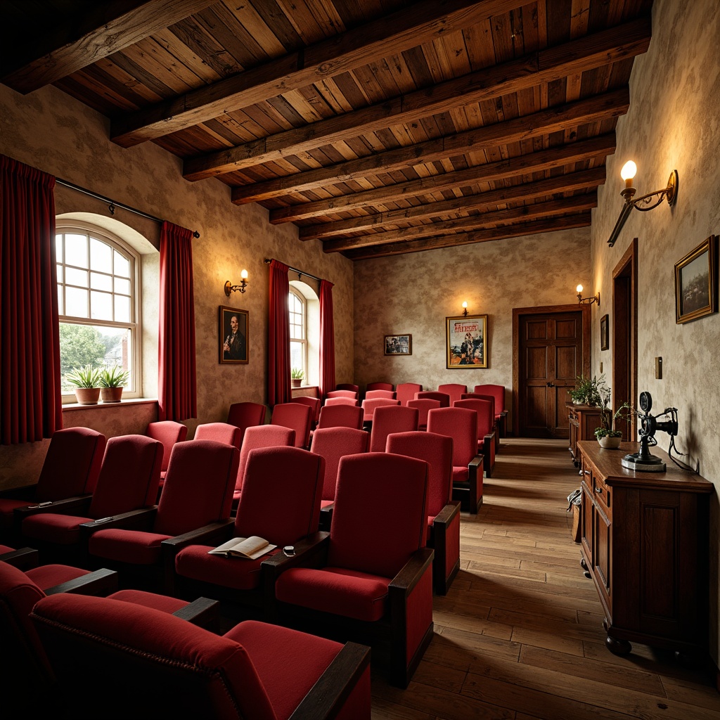 Prompt: Rustic French country-style cinema, wooden ceiling beams, distressed wood textures, soft warm lighting, cozy intimate atmosphere, plush velvet seats, rich red curtains, ornate golden details, vintage film cameras, classic movie posters, stone walls, arched windows, natural wood flooring, earthy color palette, soft focus blur, shallow depth of field, 2/3 composition, cinematic lens flares.