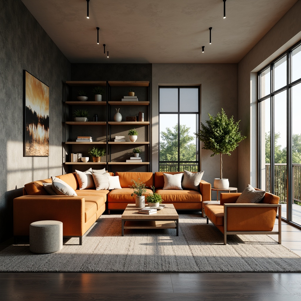 Prompt: Elegant living room, comfortable sofas, velvet upholstery, wooden coffee tables, minimalist decor, floor-to-ceiling windows, natural light, industrial chic accents, metal frames, reclaimed wood shelves, luxurious fabrics, subtle textures, warm ambient lighting, 1/1 composition, realistic reflections, shallow depth of field, soft focus effect.