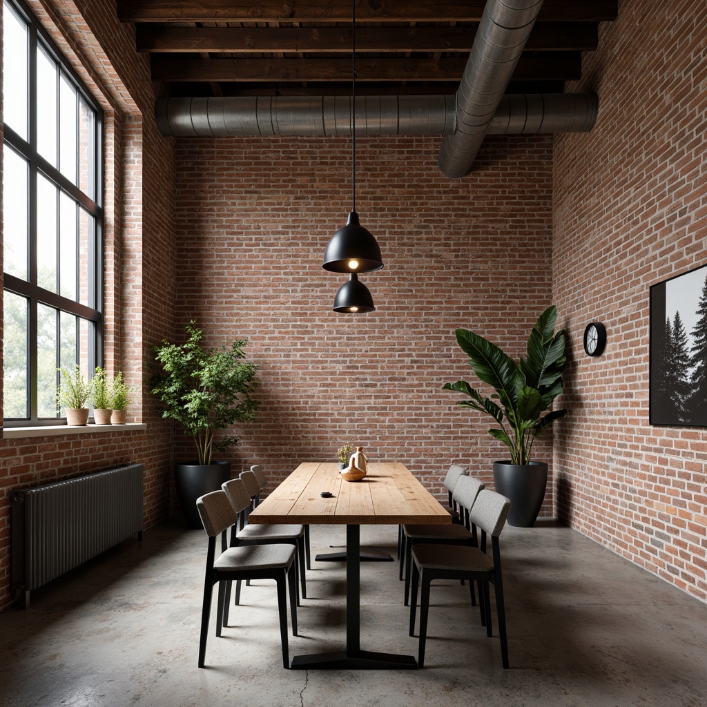 Prompt: Exposed brick walls, industrial chic decor, metal beams, reclaimed wood accents, modern minimalist aesthetic, functional task lighting, sleek metal shades, Edison bulbs, pendant lamps, matte black finishes, distressed concrete floors, urban loft atmosphere, warm neutral color palette, dramatic high ceilings, large windows, soft natural light, 1/1 composition, realistic textures, ambient occlusion.