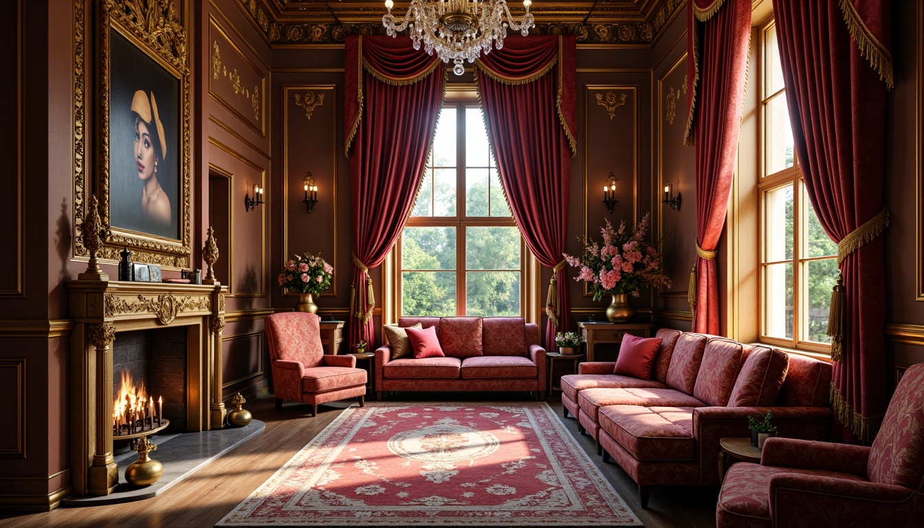 Prompt: Richly upholstered velvet chairs, ornate carved wooden frames, luxurious golden fabrics, intricately patterned brocades, regal red and purple hues, opulent tassels and trim, lavish drapery with floral motifs, majestic crystal chandeliers, warm candlelight, soft morning sunlight, cozy nook with plush cushions, antique furniture pieces, classic European-inspired design, grandiose architectural details, highly ornamental decorations.