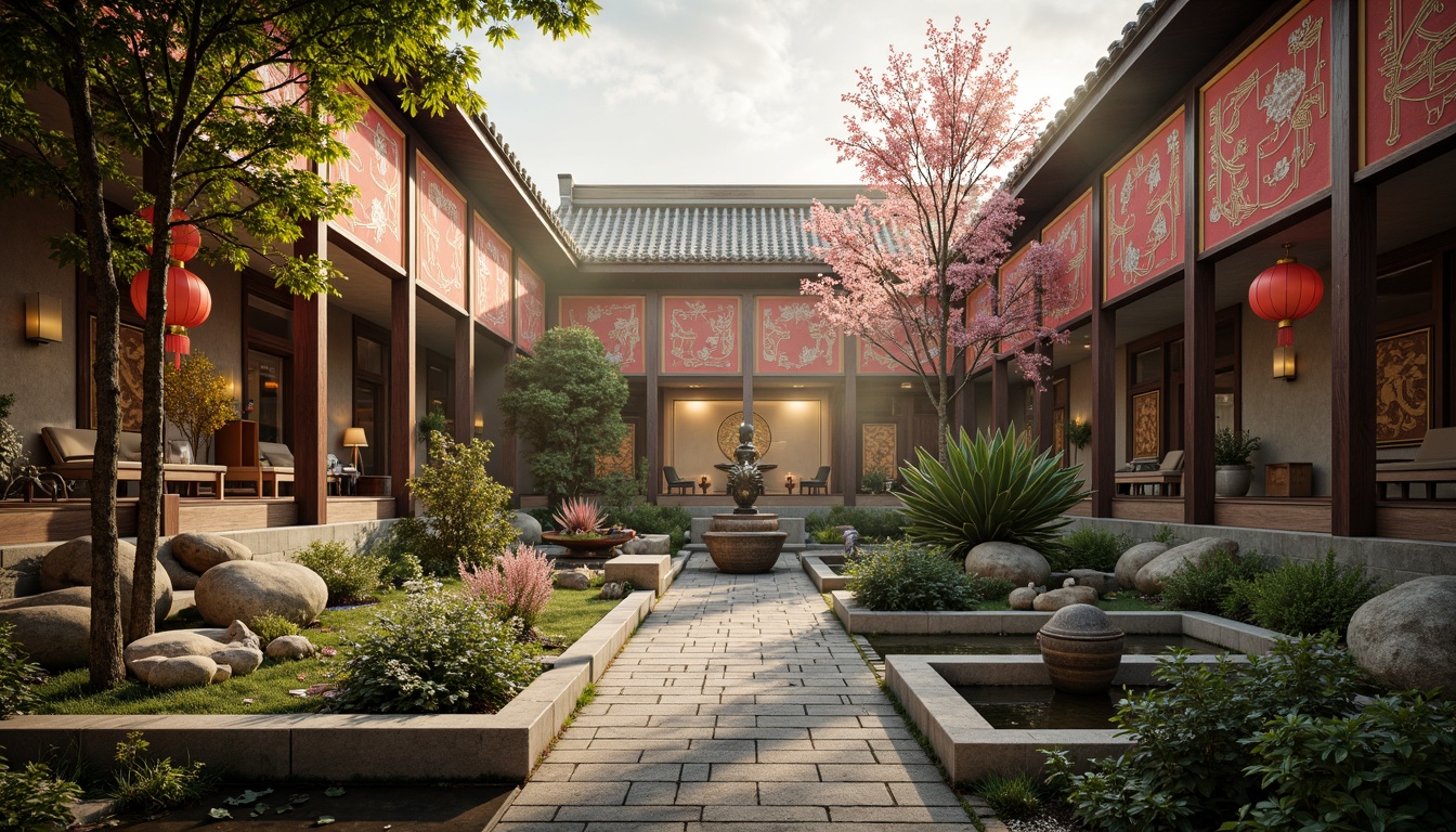 Prompt: Intricate Buddhist motifs, traditional Asian architecture, serene courtyard, lush greenery, tranquil water features, natural stone walls, wooden accents, hand-carved furnishings, rich silk fabrics, embroidered tapestries, vibrant red lanterns, delicate cherry blossoms, misty morning light, warm golden illumination, shallow depth of field, 1/1 composition, realistic textures, ambient occlusion.