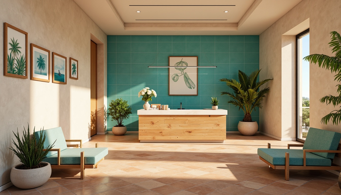 Prompt: Warm Mediterranean dental clinic, soft beige walls, calming turquoise accents, natural wood furniture, creamy marble countertops, ocean-inspired blue-green glass tiles, warm terracotta flooring, lush green plants, gentle sunlight, airy open spaces, minimal ornamentation, soothing ambient lighting, subtle texture contrasts, shallow depth of field, 1/1 composition, realistic renderings, ambient occlusion.