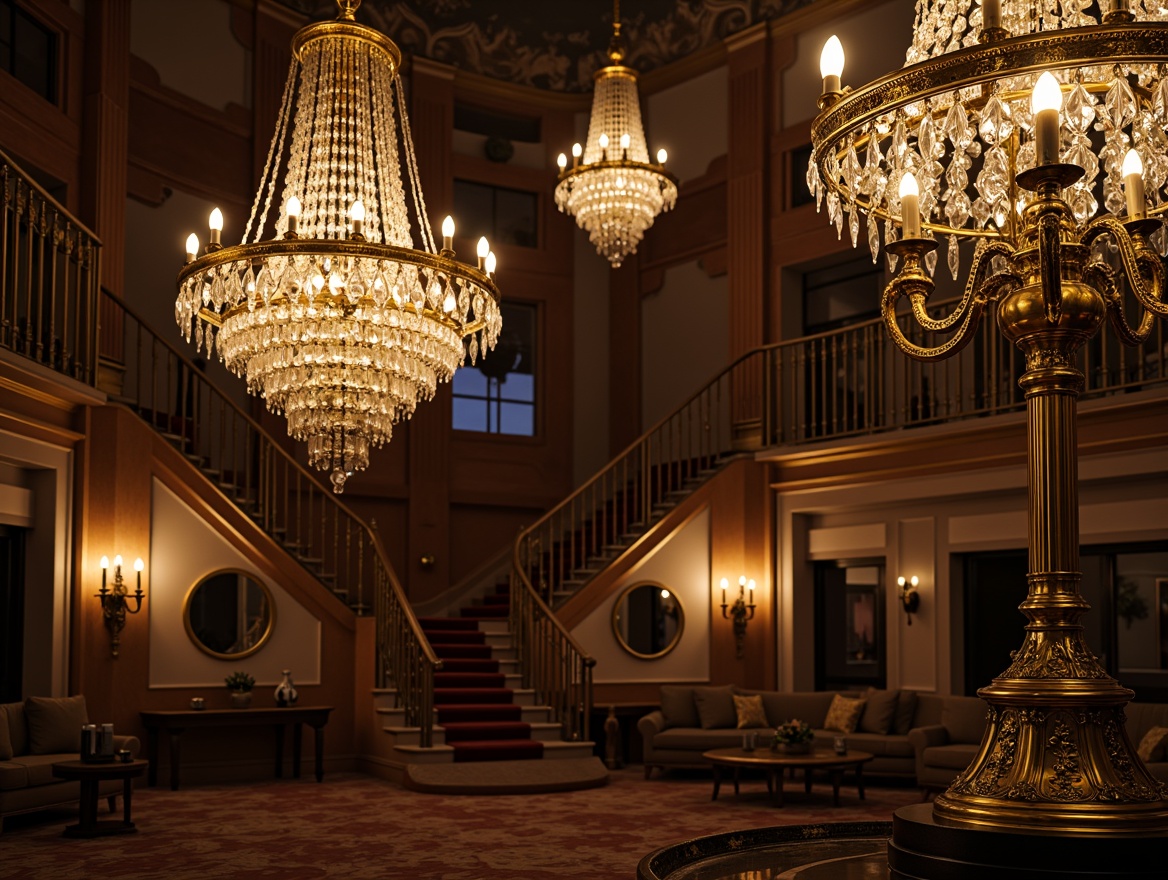 Prompt: Ornate chandeliers, crystal droplets, golden accents, lavish candelabras, intricate metalwork, vintage filigree patterns, rich wood tones, velvet drapes, opulent fabrics, grand staircases, ornamental mirrors, luxurious furnishings, warm candlelight, soft diffused lighting, dramatic shadows, 1/2 composition, low-angle shot, atmospheric perspective, realistic rendering, detailed textures.