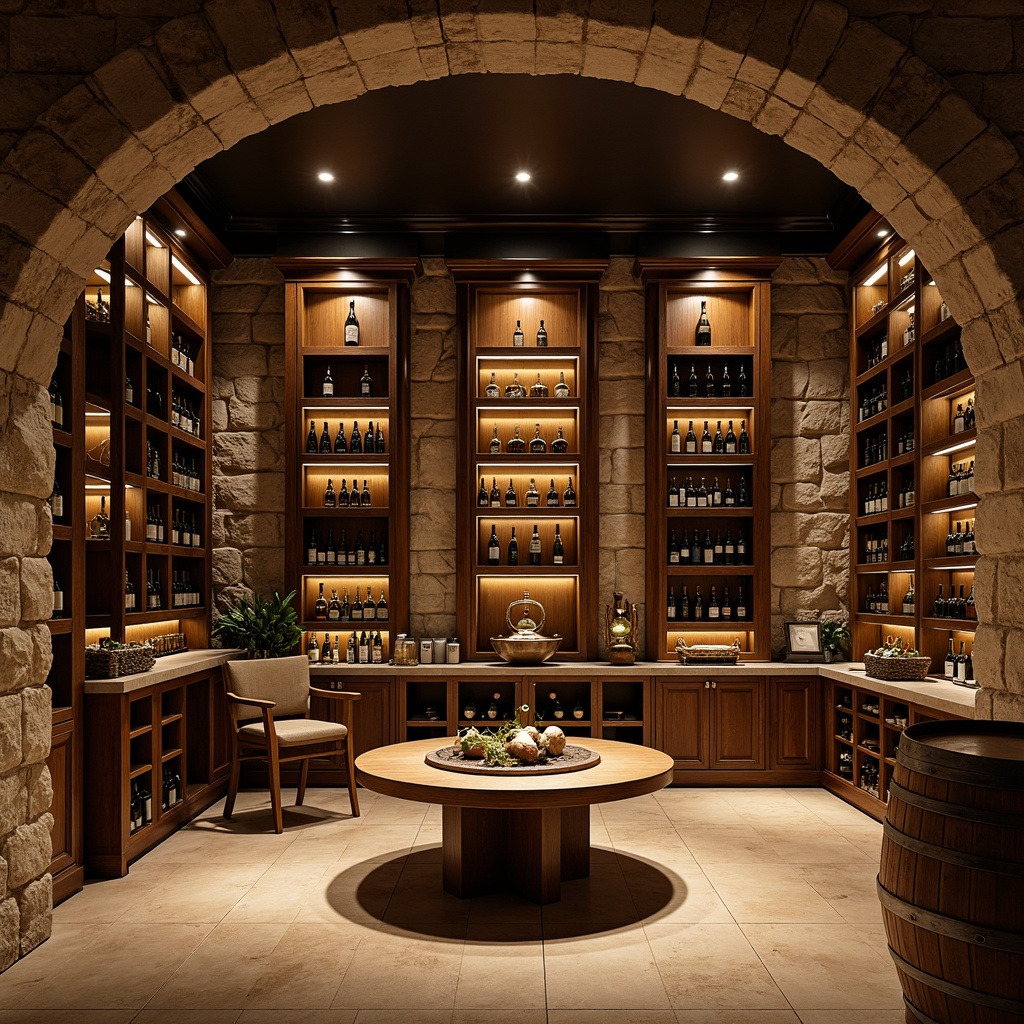 Prompt: Luxurious wine cellar, dimmed warm lighting, rich wood tones, elegant archways, ornate metalwork, premium glass shelves, curved bottle displays, wooden crates, vintage wine barrels, rustic stone walls, ambient misting systems, temperature-controlled environment, sophisticated humidity levels, dramatic spotlights, 3/4 composition, realistic reflections, detailed textures.