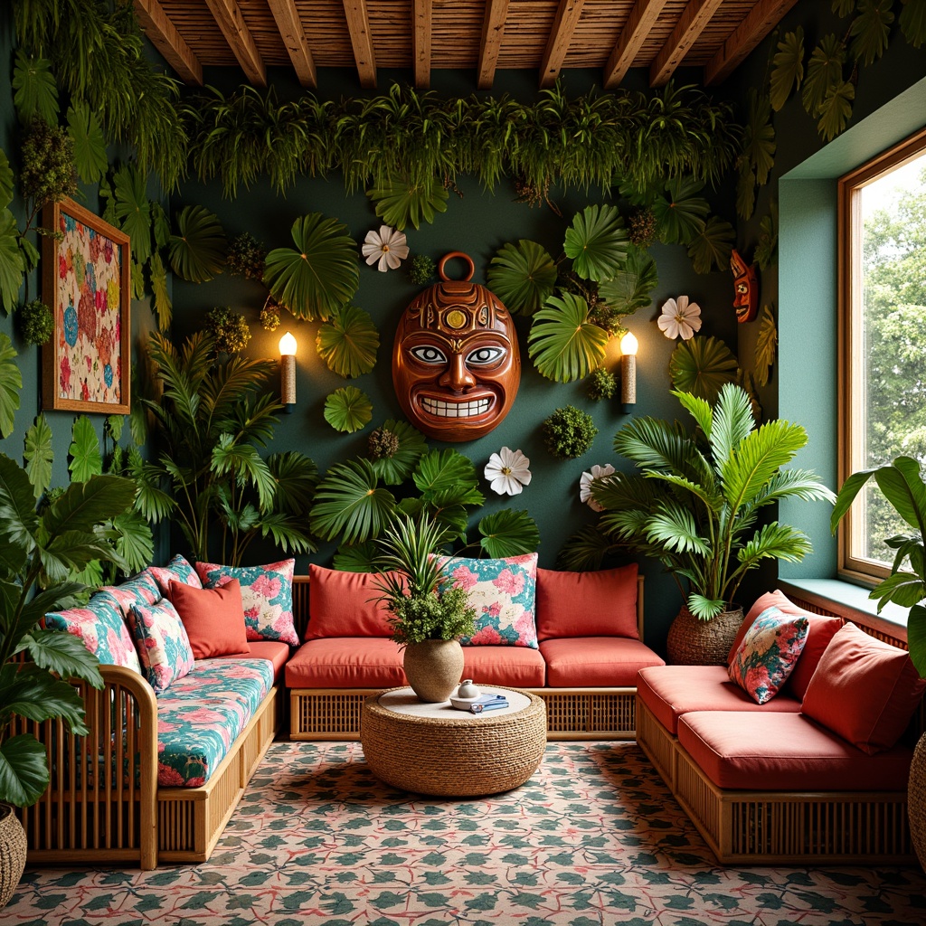 Prompt: Vibrant tropical hall, lush greenery walls, natural wood accents, woven rattan furniture, colorful tiki masks, exotic flower patterns, bold geometric textiles, soft plush couches, Moroccan-inspired tiles, warm ambient lighting, shallow depth of field, 1/1 composition, realistic fabric textures, atmospheric misting system.