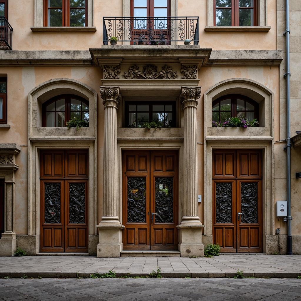 Prompt: Renaissance-style laboratory, ornate stone carvings, intricately designed wooden doors, grand archways, columned entrance, rusticated base, decorative cornices, symmetrical fa\u00e7ade, large multi-paned windows, classical pediments, ornamental metalwork, distressed finishes, earthy color palette, warm soft lighting, shallow depth of field, 1/2 composition, realistic textures, ambient occlusion.