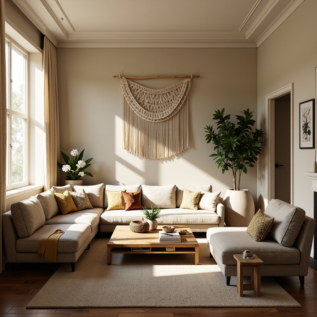 Prompt: Cozy living room, plush sofas, velvet armchairs, reclaimed wood coffee tables, woven baskets, macrame wall hangings, natural fiber rugs, soft warm lighting, table lamps, floor lamps, minimal ornamentation, calm color palette, beige walls, cream accents, lush greenery, potted plants, botanical prints, abstract artwork, textured throw blankets, comfortable sectionals, ergonomic seating, functional shelving units, elegant side tables.