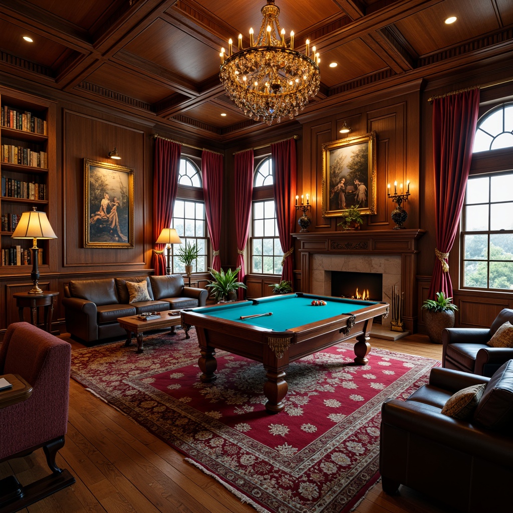 Prompt: Cozy game room, rich wood paneling, plush carpeting, warm ambient lighting, comfortable seating areas, traditional decorative elements, elegant glass chandeliers, stained glass windows, frosted glass doors, ornate mirrors, luxurious velvet curtains, vintage gaming consoles, wooden shelving units, leather-bound books, classic board games, rustic stone fireplaces, soft warm glow, shallow depth of field, 1/1 composition, realistic textures, ambient occlusion.