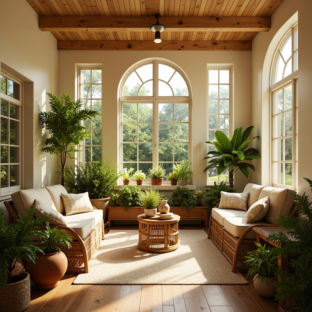 Prompt: Vibrant sunroom, bright natural light, warm beige walls, soft cream furnishings, lush greenery, tropical plants, rattan furniture, woven textiles, natural wood accents, earthy terracotta pots, serene atmosphere, warm golden lighting, shallow depth of field, 1/2 composition, intimate cozy feel, realistic textures, ambient occlusion.