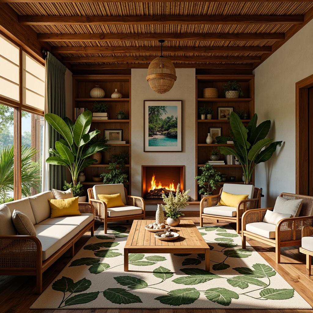 Prompt: Vibrant tropical family room, rattan furniture, plush cushions, natural fabrics, woven textures, wooden accents, earthy tones, leaf-patterned rugs, potted palms, exotic plants, warm golden lighting, soft diffused shadows, 1/1 composition, intimate atmosphere, cozy reading nooks, built-in shelving, woven bamboo walls, ocean-inspired colors, seashell decorations, driftwood coffee tables, woven abaca chairs, tropical floral arrangements.