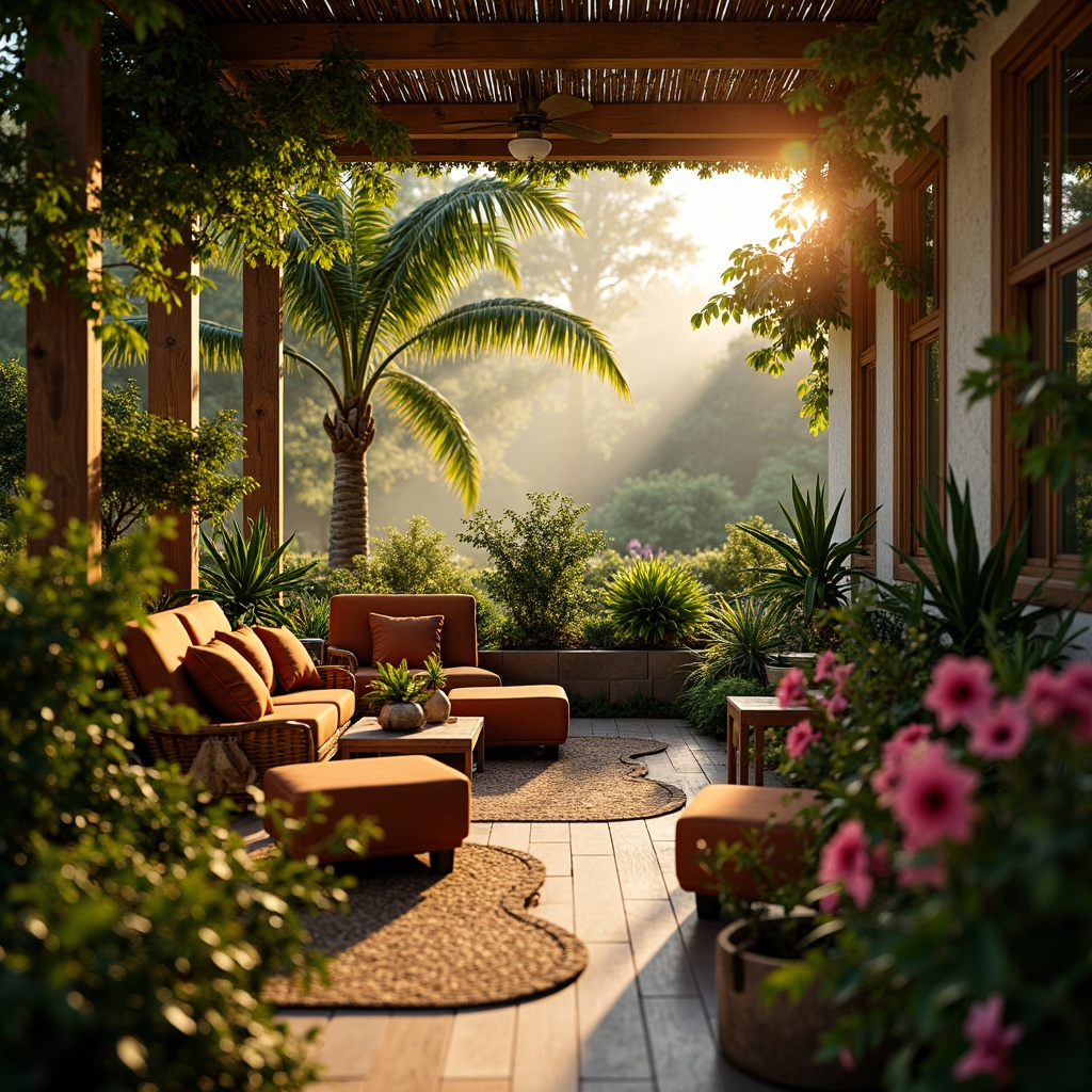 Prompt: Warm tropical ambiance, lush green foliage, exotic flowers, natural wood textures, woven rattan furniture, vibrant color palette, soft golden lighting, warm sunset hues, misty atmospheric effects, subtle shadows, 1/2 composition, shallow depth of field, realistic render, ambient occlusion.