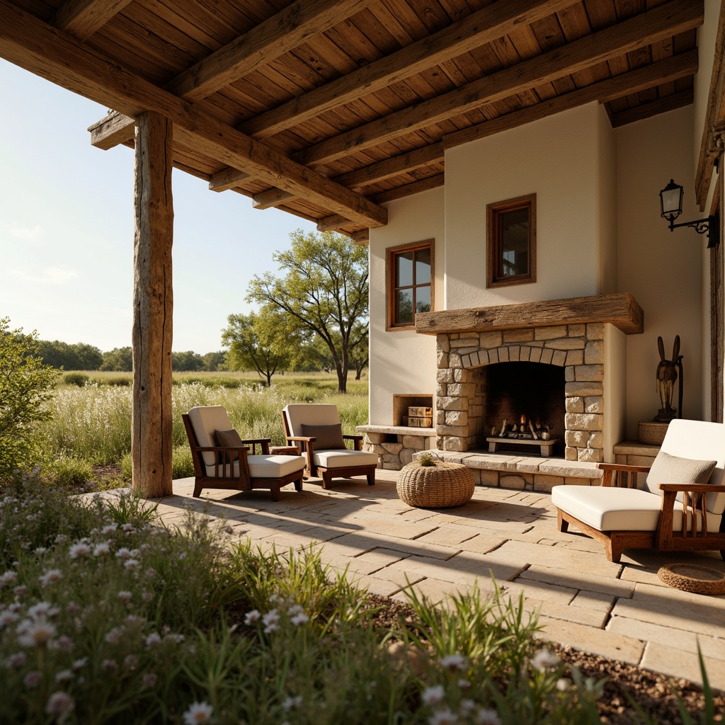 Prompt: Rustic farmhouse, vintage decor, earthy tones, warm beige walls, distressed wood accents, natural stone fireplaces, soft sage greenery, wildflower fields, sunny afternoon, warm golden lighting, shallow depth of field, 3/4 composition, realistic textures, ambient occlusion.