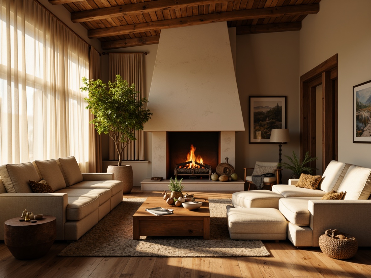 Prompt: Cozy living room, warm beige walls, rich wood accents, plush furniture, soft velvet fabrics, gentle cream curtains, natural stone fireplace, crackling fire, warm golden lighting, shallow depth of field, 1/1 composition, intimate atmosphere, earthy tones, organic textures, subtle patterns.