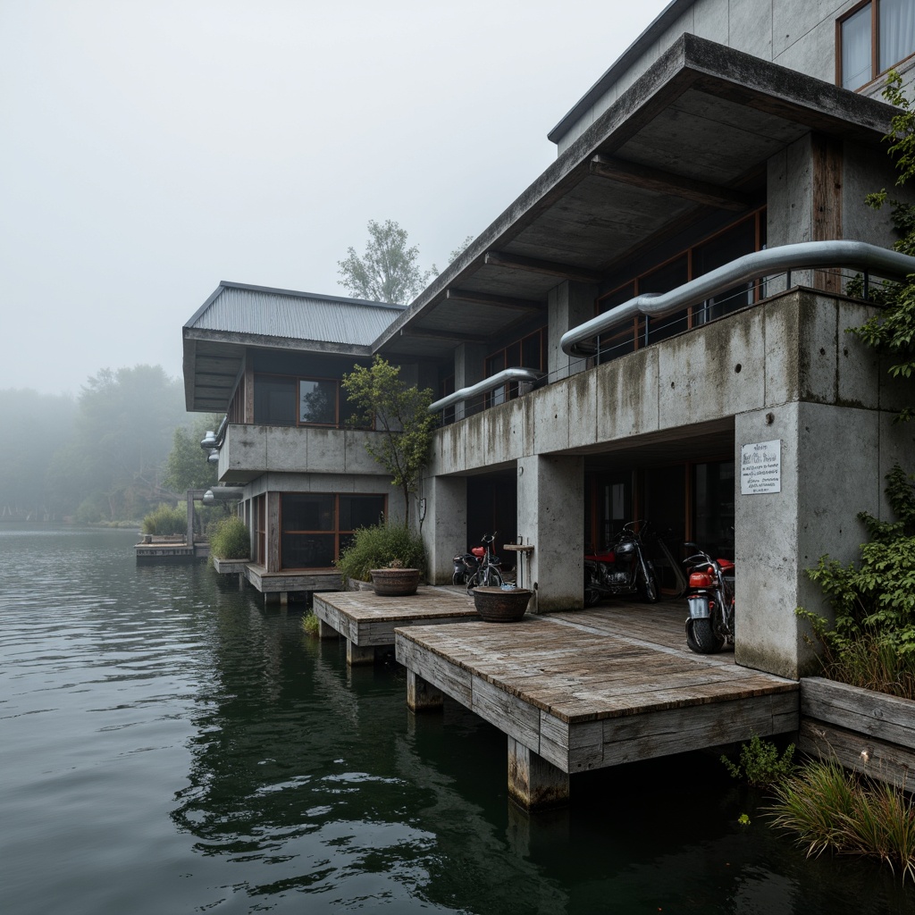 Prompt: Rustic boathouse, exposed concrete structure, brutalist architecture, weathered wooden docks, corrugated metal roofing, industrial pipes, distressed wood accents, nautical ropes, vintage marine equipment, water-level views, misty lake atmosphere, overcast skies, dramatic shadows, high-contrast lighting, shallow depth of field, 2/3 composition, cinematic framing, gritty textures, ambient occlusion.