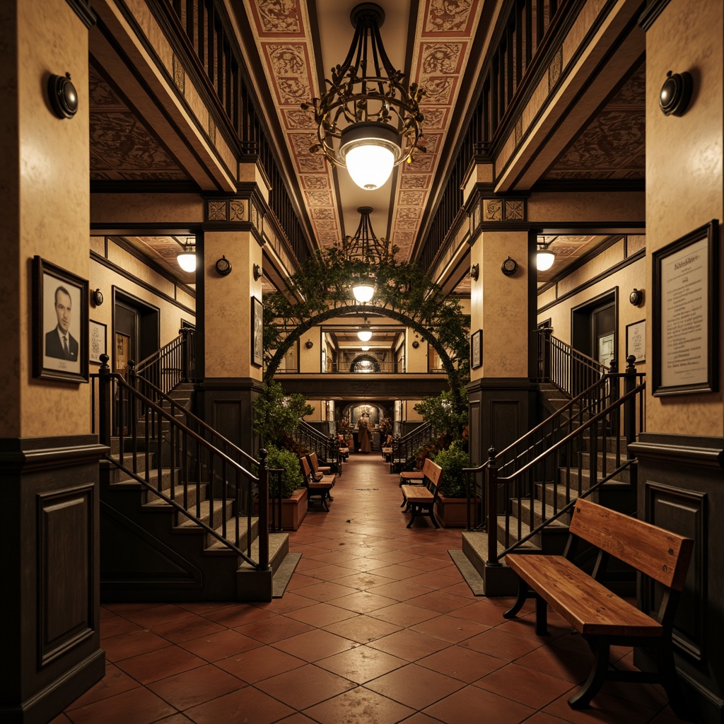 Prompt: Vintage metro station, ornate chandeliers, grand staircases, wooden benches, intricate ironwork, classic lanterns, terracotta tiles, archaic stone walls, rustic brick ceilings, nostalgic advertisements, dim warm lighting, shallow depth of field, 1/2 composition, realistic textures, ambient occlusion.