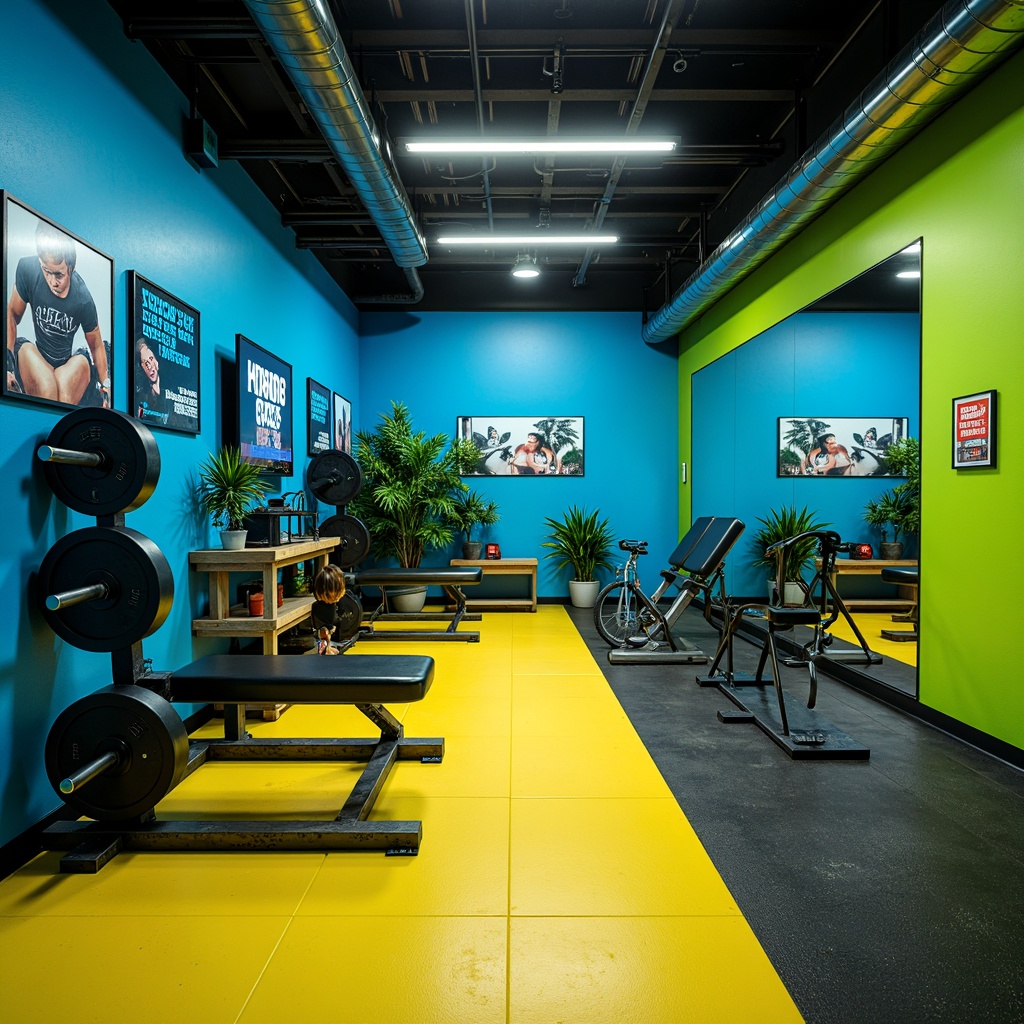 Prompt: Vibrant home gym, bold color scheme, electric blue walls, neon green accents, warm yellow flooring, industrial metal equipment, modern LED lighting, motivational quotes, athletic textures, dynamic shadows, shallow depth of field, 1/1 composition, realistic reflections, ambient occlusion.