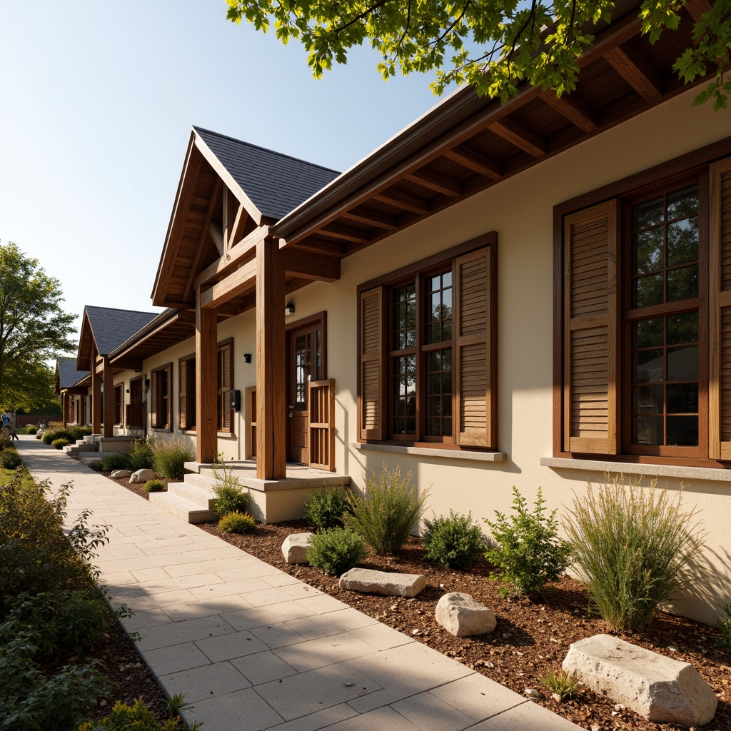 Prompt: Rustic wooden frames, divided lite windows, earthy tones, natural materials, traditional craftsmanship, elementary school facade, pitched roofs, overhanging eaves, decorative trusses, wooden shutters, warm sunny day, soft warm lighting, shallow depth of field, 3/4 composition, panoramic view, realistic textures, ambient occlusion.