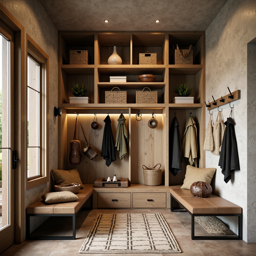 Prompt: \Mid-century modern mudroom, natural stone walls, earthy color palette, rustic wooden accents, woven baskets, industrial metal hooks, sleek leather benches, geometric patterned rugs, warm ambient lighting, shallow depth of field, 3/4 composition, realistic textures, ambient occlusion, organic shapes, minimalist decor, functional storage solutions.\