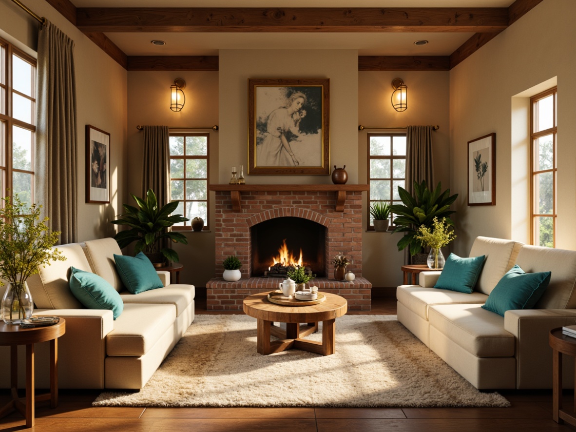 Prompt: Cozy living room, warm beige walls, plush velvet sofas, rich walnut wood accents, soft cream carpets, elegant gold lighting fixtures, vibrant turquoise throw pillows, natural stone fireplaces, rustic brick archways, inviting aroma of freshly baked cookies, warm golden afternoon light, shallow depth of field, 1/1 composition, realistic textures, ambient occlusion.