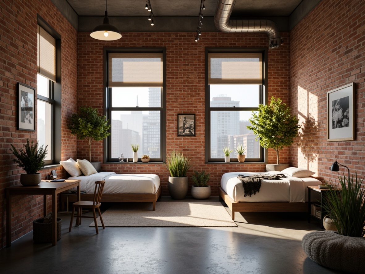 Prompt: Cozy dorm room, warm soft lighting, minimalist decor, modern furniture, comfortable bedding, industrial chic accents, exposed brick walls, polished concrete floors, sleek metal lamps, suspended ceiling lights, floor-to-ceiling windows, natural daylight, gentle shadows, 1/1 composition, shallow depth of field, softbox lighting, ambient occlusion.