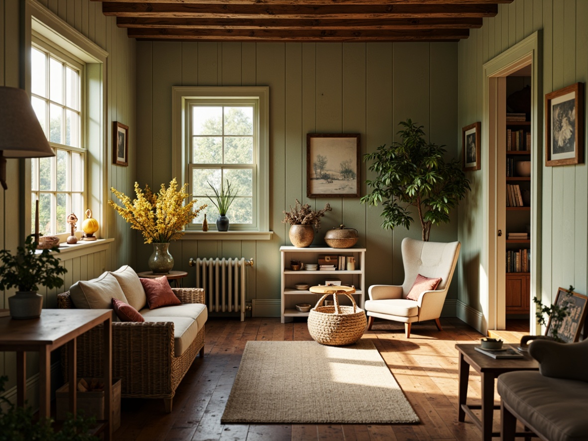 Prompt: Rustic farmhouse, vintage decor, earthy tones, weathered wood accents, soft sage green walls, creamy white trim, distressed brick reds, muted golden yellows, natural linen whites, cozy candlelight, warm afternoon sunbeams, shallow depth of field, 1/1 composition, intimate atmosphere, realistic textures, ambient occlusion.