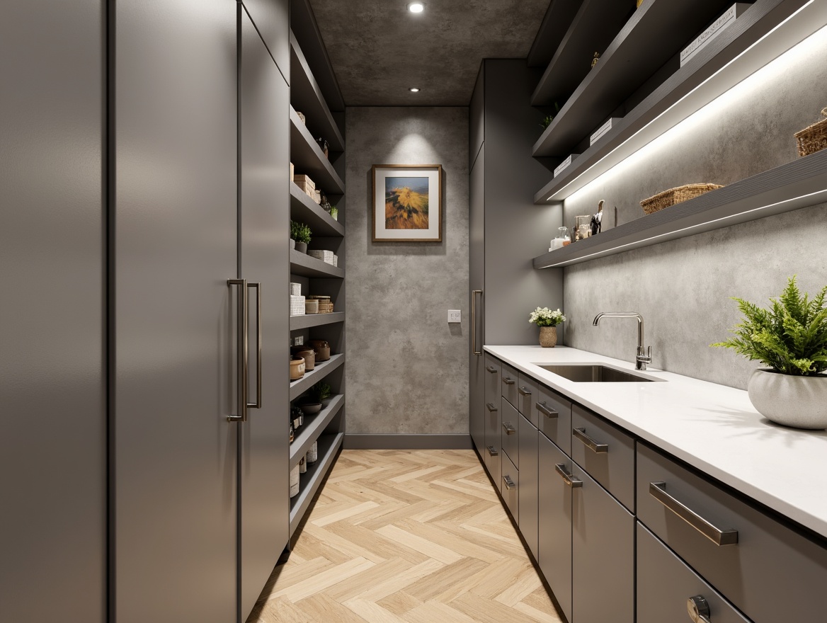 Prompt: Modern pantry, sleek cabinetry, polished chrome handles, glossy white countertops, LED lighting, warm beige flooring, herringbone wood pattern, matte finish, minimalist design, ample storage space, open shelving, industrial-style decor, urban loft aesthetic, concrete-inspired texture, soft gray tones, subtle sheen, 1/1 composition, shallow depth of field, realistic reflections.