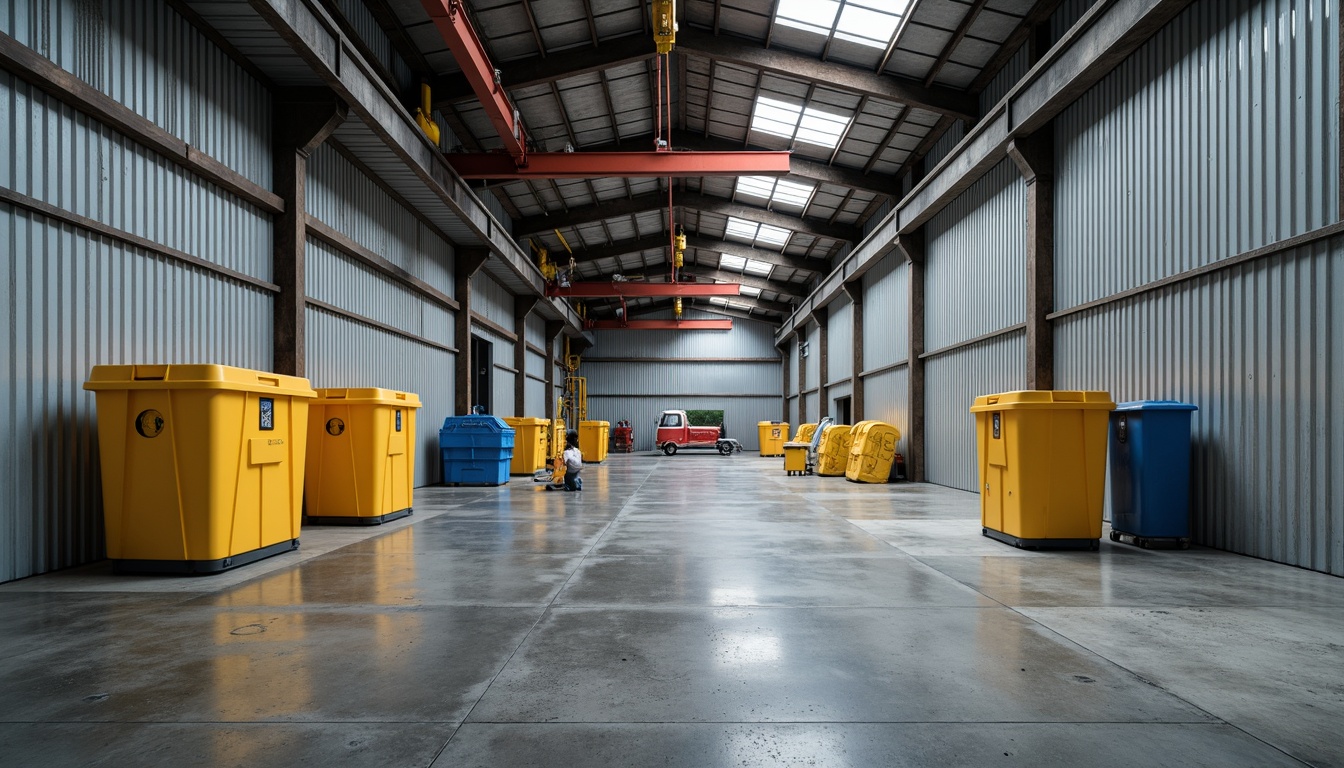 Prompt: Industrial warehouse, corrugated metal walls, polyethylene storage containers, durable material selection, high-density plastic, chemical resistance, UV protection, waterproof surfaces, concrete flooring, steel beams, overhead cranes, natural lighting, softbox diffusers, 1/1 composition, shallow depth of field, realistic textures.