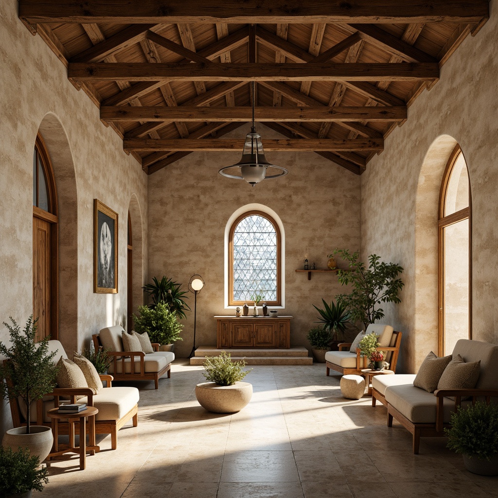 Prompt: Serene monastery interior, earthy stone walls, wooden accents, vaulted ceilings, stained glass windows, subtle warm lighting, natural textures, rustic furnishings, soft neutral colors, beige tones, gentle cream hues, muted greens, blues, and grays, peaceful ambiance, contemplative atmosphere, subtle ornamentation, ornate details, intricate carvings, classical architecture, harmonious color balance, 1/2 composition, soft focus, warm glow, realistic render.