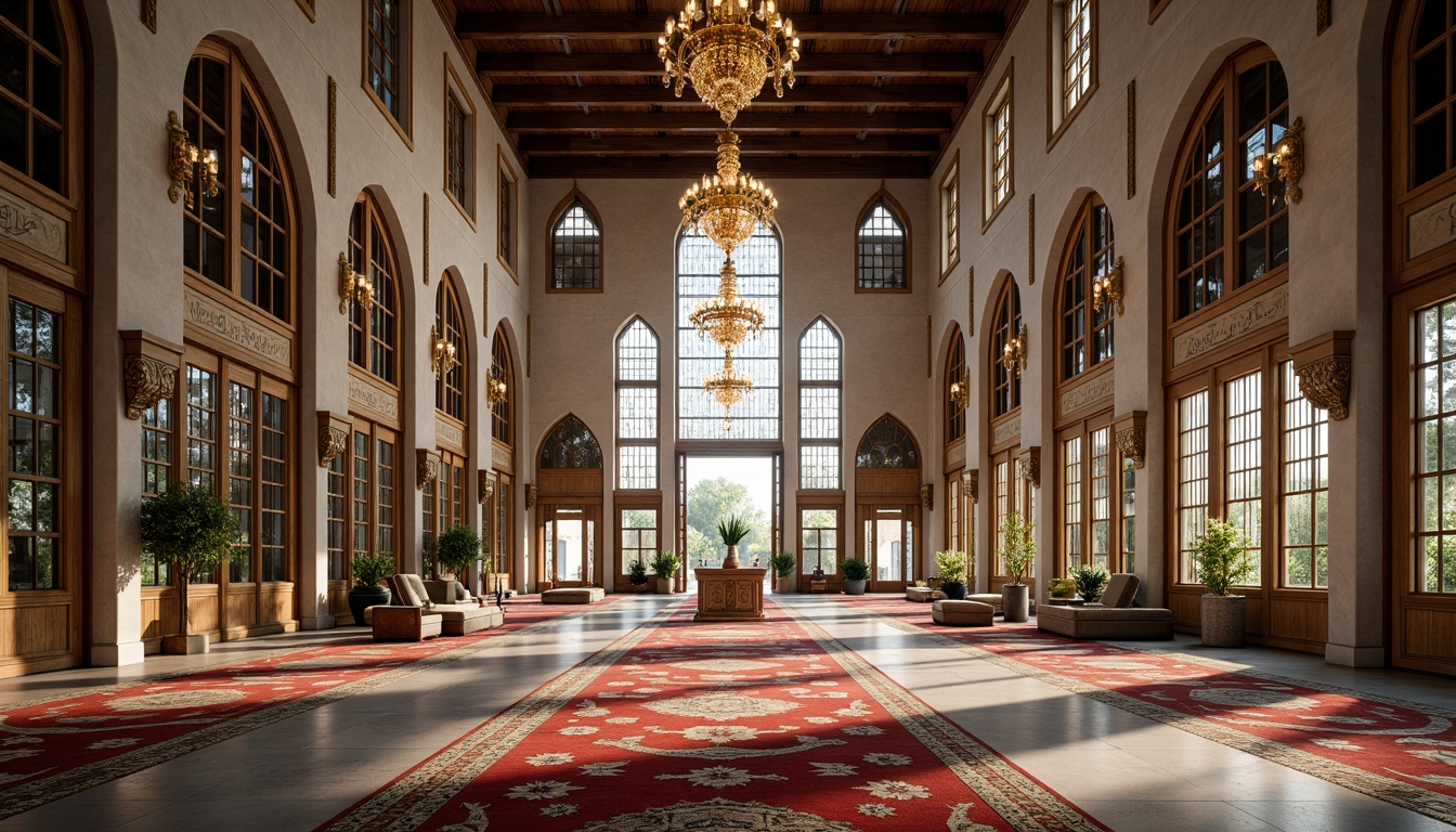 Prompt: Grand mosque interior, intricately patterned rugs, ornate chandeliers, stunning stained glass windows, Islamic calligraphy, geometric arches, vaulted ceilings, polished marble floors, serene ambiance, warm soft lighting, subtle shadows, 3/4 composition, realistic textures, ambient occlusion, dramatic verticality, majestic minarets, golden domes, surrounding lush greenery, peaceful courtyard, serene water features, natural stone pathways.