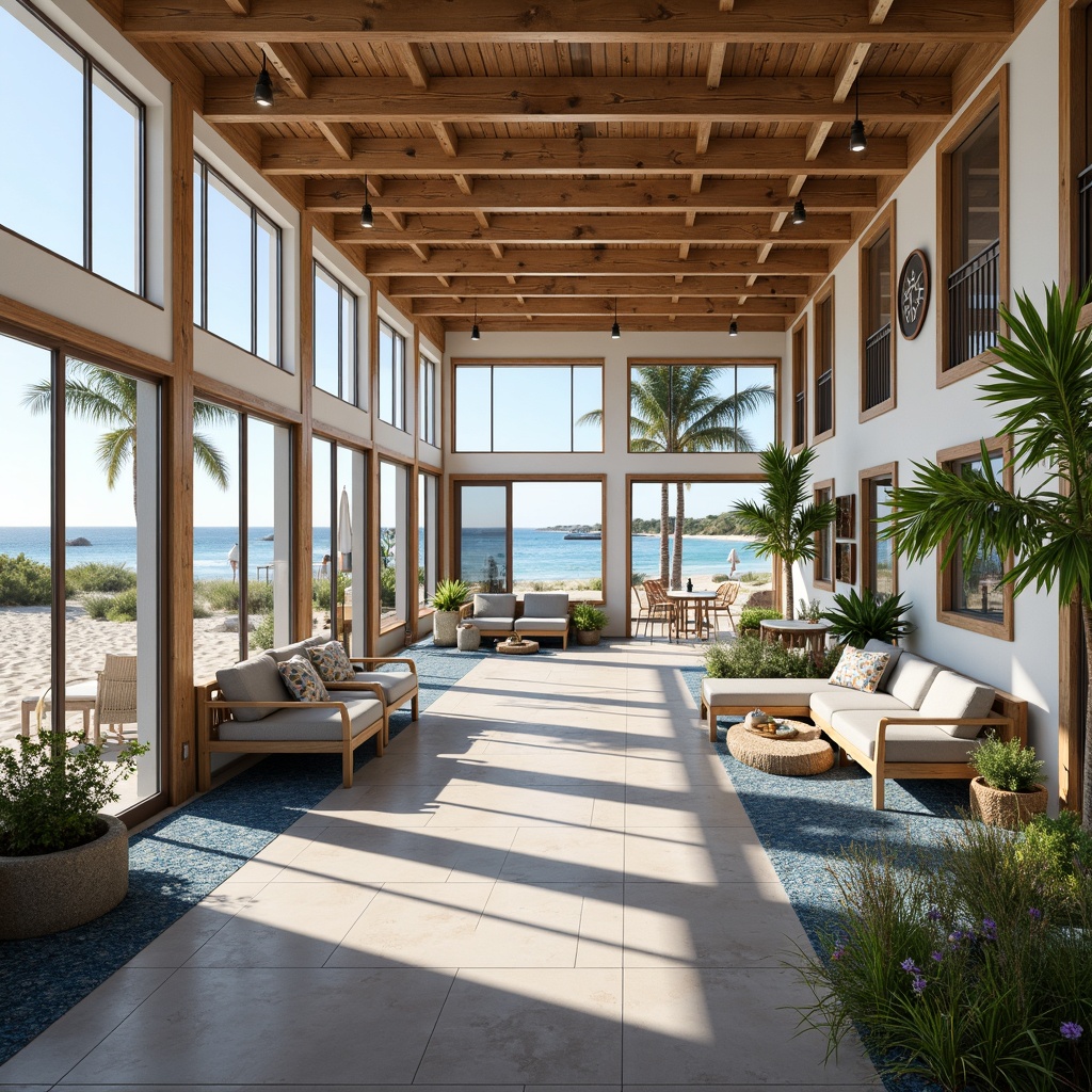 Prompt: Spacious community center, coastal style architecture, natural wood accents, large windows, sliding glass doors, ocean views, sandy dunes, driftwood decorations, nautical ropes, blue and white color scheme, comfortable seating areas, vibrant greenery, potted palm trees, soft warm lighting, 1/1 composition, shallow depth of field, realistic textures, ambient occlusion.