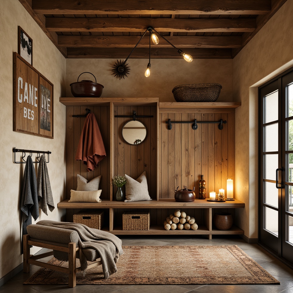 Prompt: Rustic mudroom, earthy tones, warm beige walls, distressed wood accents, vintage metal decor, woven baskets, natural stone flooring, rich leather accessories, cozy throw blankets, soft candlelight, warm golden lighting, 1/1 composition, shallow depth of field, realistic textures, ambient occlusion.