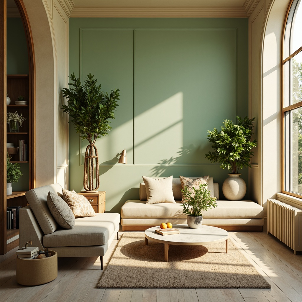 Prompt: Vibrant light green walls, creamy white trim, natural wood accents, warm beige furniture, lush potted plants, soft golden lighting, cozy reading nook, comfortable velvet pillows, elegant marble coffee table, refreshing citrus fruits, airy open spaces, 1/2 composition, shallow depth of field, realistic textures, ambient occlusion.