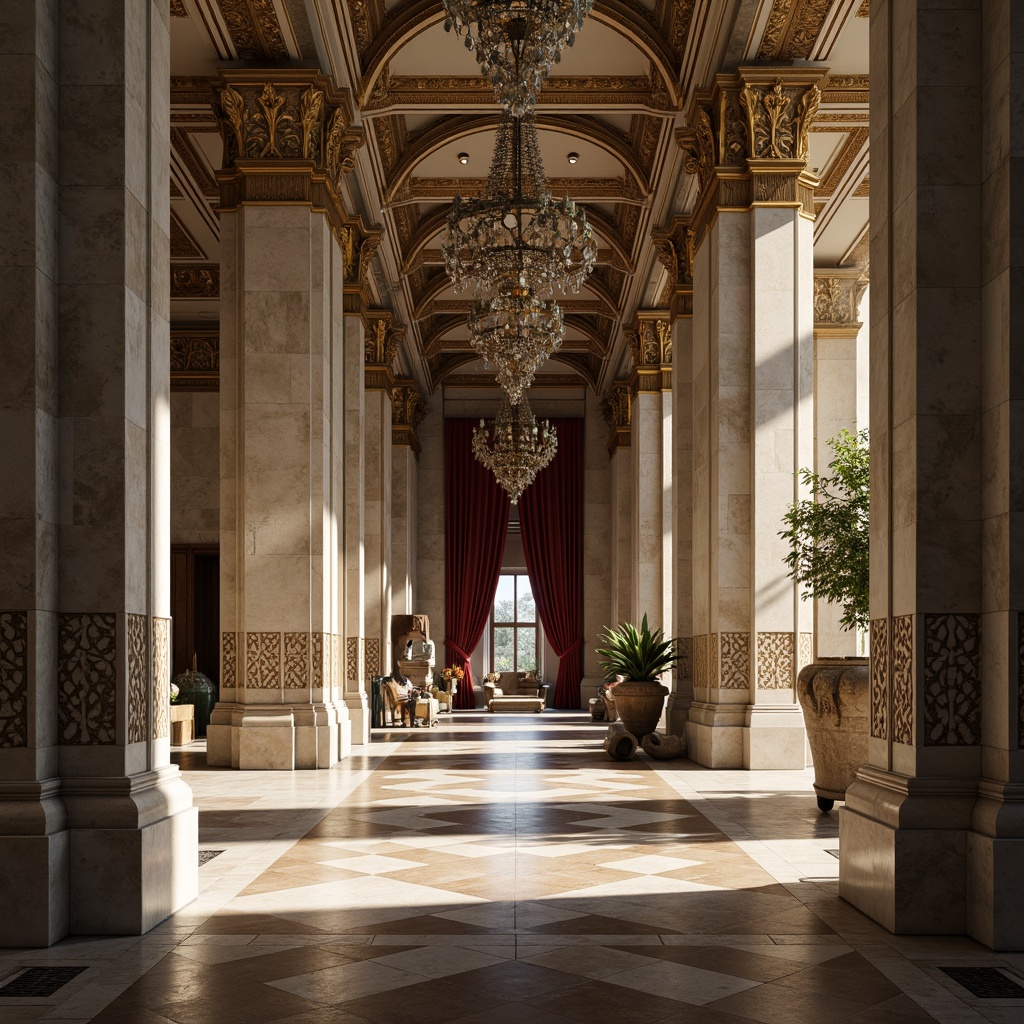 Prompt: Grandiose neoclassical architecture, ornate columns, intricately carved stone facades, polished marble floors, textured limestone walls, rusticated bases, decorative moldings, gilded accents, opulent chandeliers, lavish furnishings, rich velvet drapes, subtle gradient lighting, 1/1 composition, cinematic camera angles, dramatic shadows, realistic renderings, ambient occlusion.