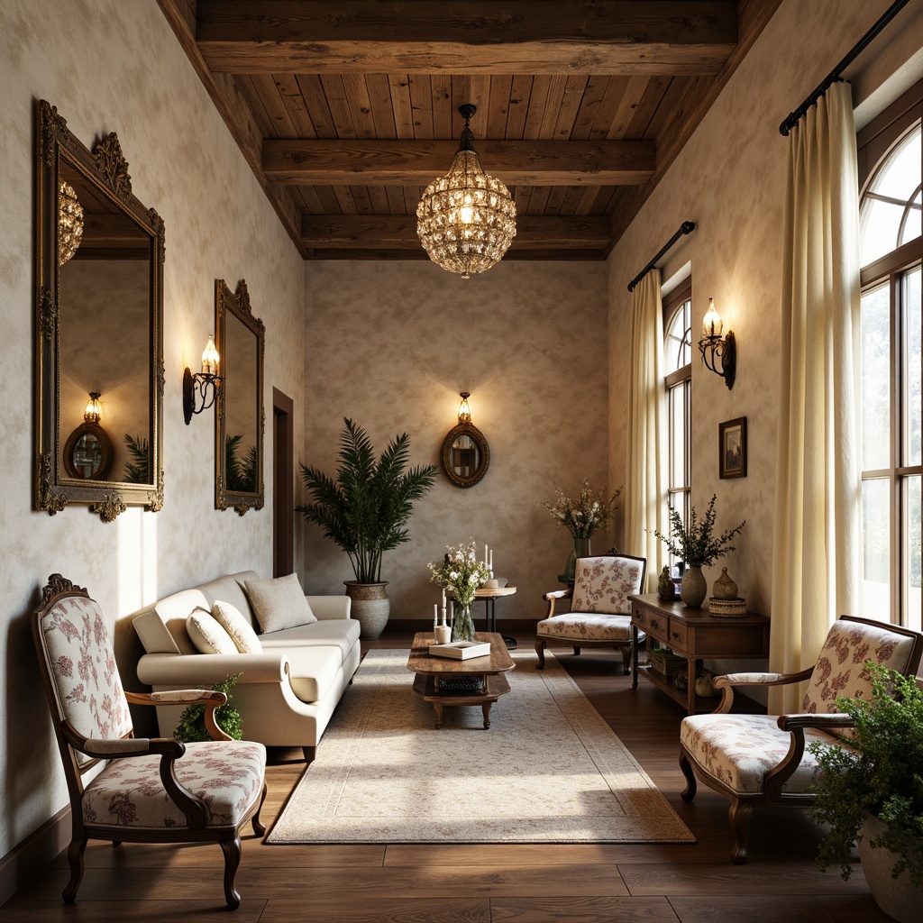 Prompt: Rustic stone walls, distressed wood panels, soft cream-colored plaster, vintage window shutters, elegant drapery, floral patterned fabrics, warm beige tones, aged brick accents, ornate mirrors, classic furnishings, lavish chandeliers, natural linen textures, subtle sheen finishes, ambient soft lighting, 1/1 composition, intimate romantic atmosphere.