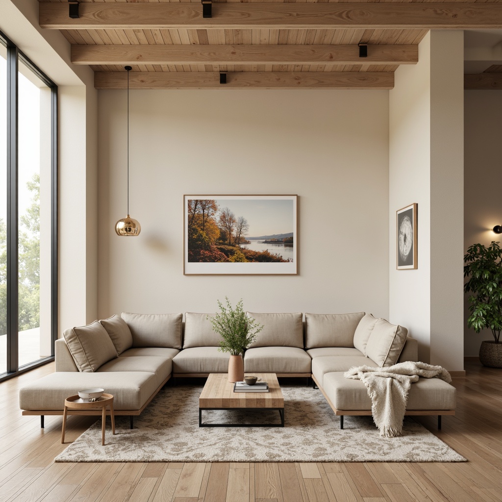 Prompt: Minimalist living room, light wood flooring, beige walls, cozy atmosphere, functional furniture layout, Scandinavian-inspired decor, sleek sofas, low coffee tables, geometric patterned rugs, nature-inspired textiles, pendant lamps, floor-to-ceiling windows, soft natural lighting, shallow depth of field, 2/3 composition, warm color palette, organic shapes, modern simplicity, clutter-free space, airy feel, subtle textures.