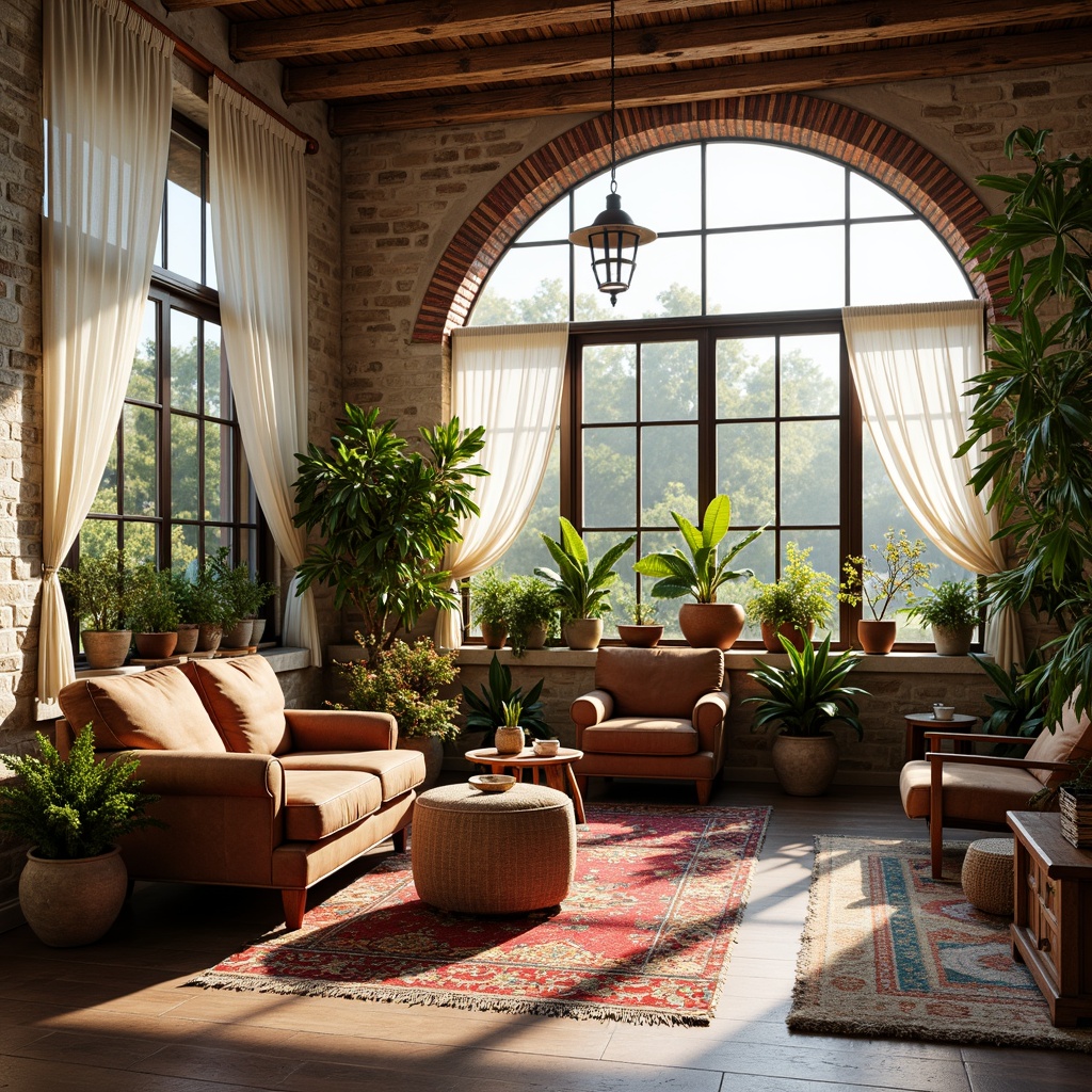 Prompt: Vibrant eclectic interior, mixed vintage furniture, distressed wooden accents, colorful patterned rugs, lush greenery, natural stone walls, exposed brick details, large windows, sheer white curtains, warm sunlight, soft diffused lighting, shallow depth of field, 1/1 composition, realistic textures, ambient occlusion.