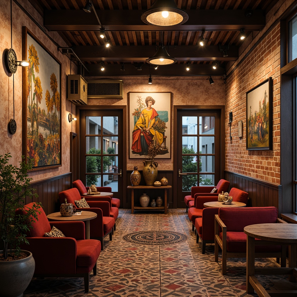 Prompt: Vintage coffee shop, eclectic interior, rich wooden accents, distressed brick walls, ornate metal fixtures, plush velvet armchairs, rustic wooden tables, decorative ceramic vases, abstract artwork, colorful woven textiles, Moroccan-inspired tiles, warm cozy lighting, shallow depth of field, 1/1 composition, realistic textures, ambient occlusion.