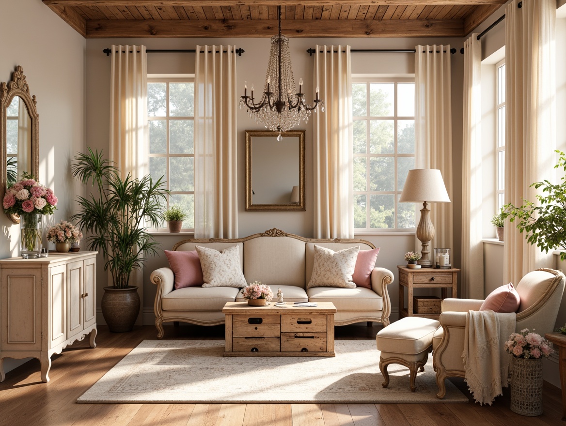 Prompt: Distressed wood furniture, soft pastel hues, warm beige tones, vintage decorations, romantic florals, lace drapery, rustic metal accents, distressed finishes, muted pink shades, creamy whites, weathered wooden crates, soft peach undertones, elegant chandeliers, ornate mirrors, subtle texture variations, natural light filtering, airy atmosphere, gentle shadows, 1/2 composition, warm golden lighting, realistic wood grain.