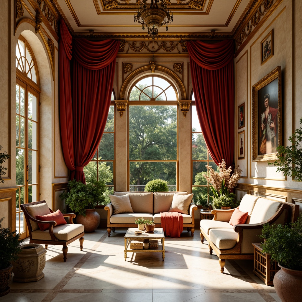 Prompt: Warm sunroom, Renaissance-inspired decor, ornate golden frames, luxurious velvet drapes, rich wood paneling, intricate stone carvings, soft warm lighting, lavish furnishings, opulent fabrics, jewel-toned colors, emerald green accents, crimson red hues, golden yellow highlights, creamy white marble floors, ornate metalwork, rustic terracotta pots, lush greenery, blooming flowers, sunny afternoon, shallow depth of field, 3/4 composition, panoramic view, realistic textures, ambient occlusion.