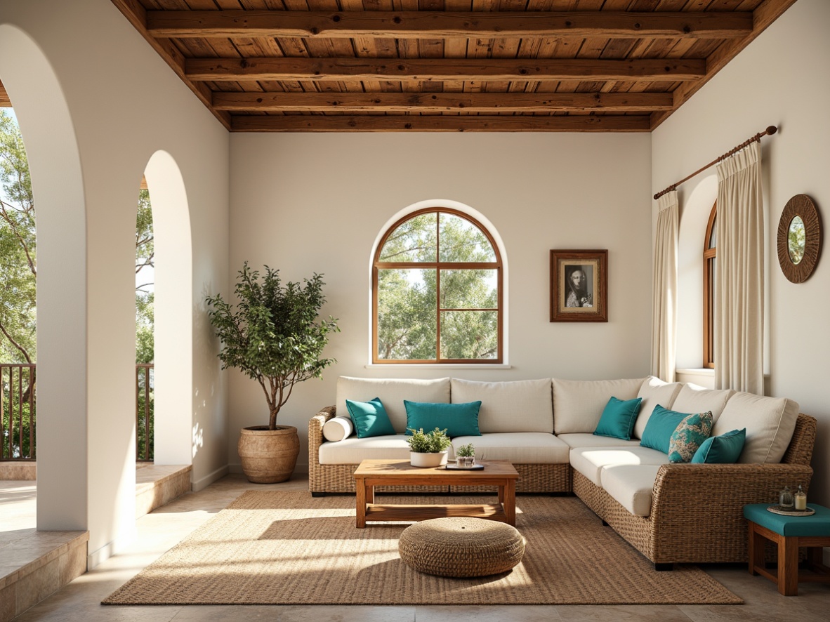 Prompt: Airy living room, Mediterranean-inspired decor, creamy white walls, rustic wooden beams, arched windows, natural stone floors, plush area rugs, potted olive trees, vibrant turquoise accents, woven wicker furniture, soft billowy curtains, warm golden lighting, shallow depth of field, 1/1 composition, relaxed atmosphere, ambient occlusion, realistic textures.