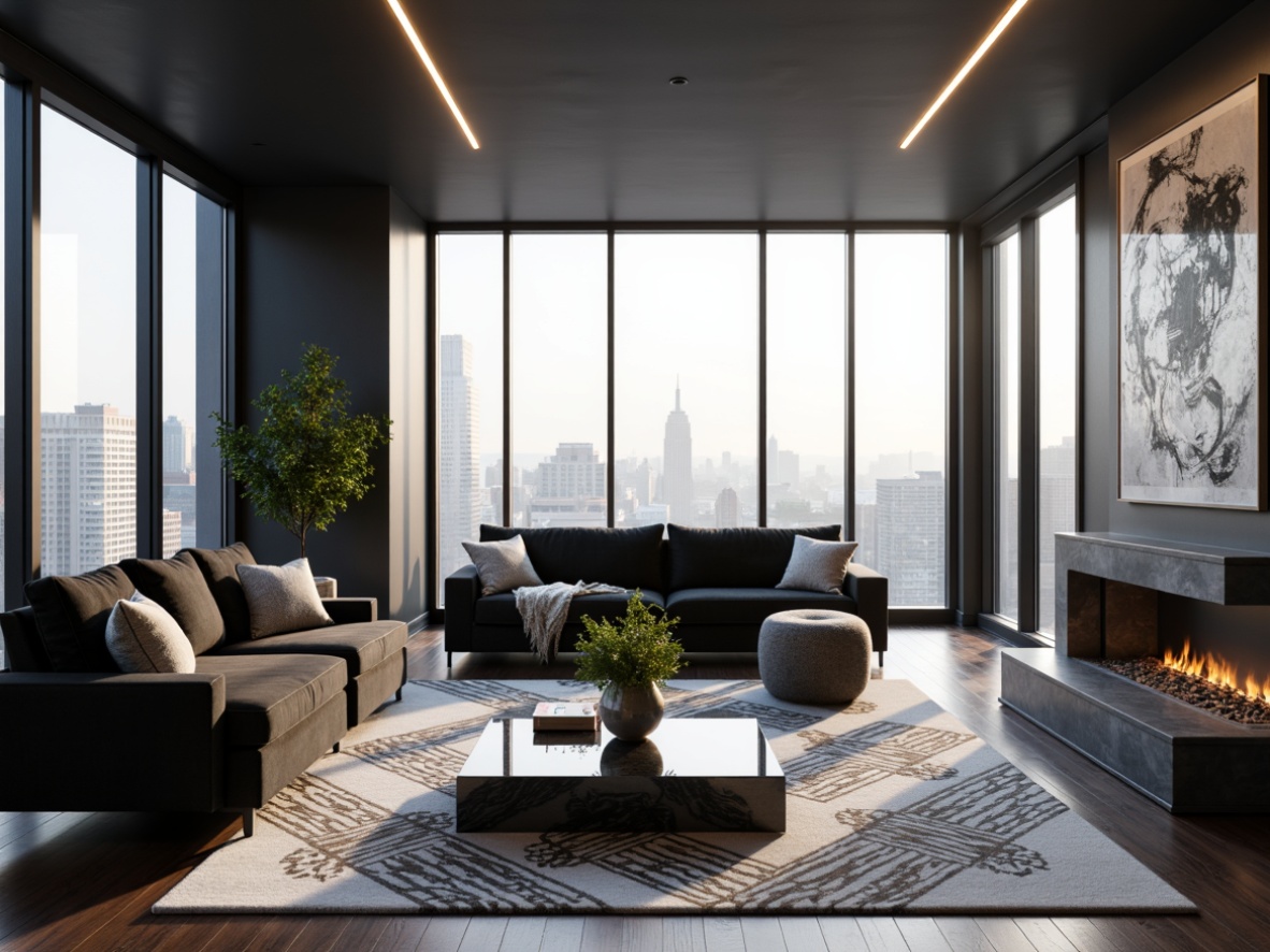 Prompt: Minimalist living room, sleek lines, monochromatic color scheme, polished chrome accents, luxurious velvet sofas, geometric patterned rugs, floor-to-ceiling windows, natural light pouring in, urban cityscape views, modern minimalist coffee table, abstract artwork, ambient warm lighting, shallow depth of field, 1/2 composition, realistic textures, subtle reflections.