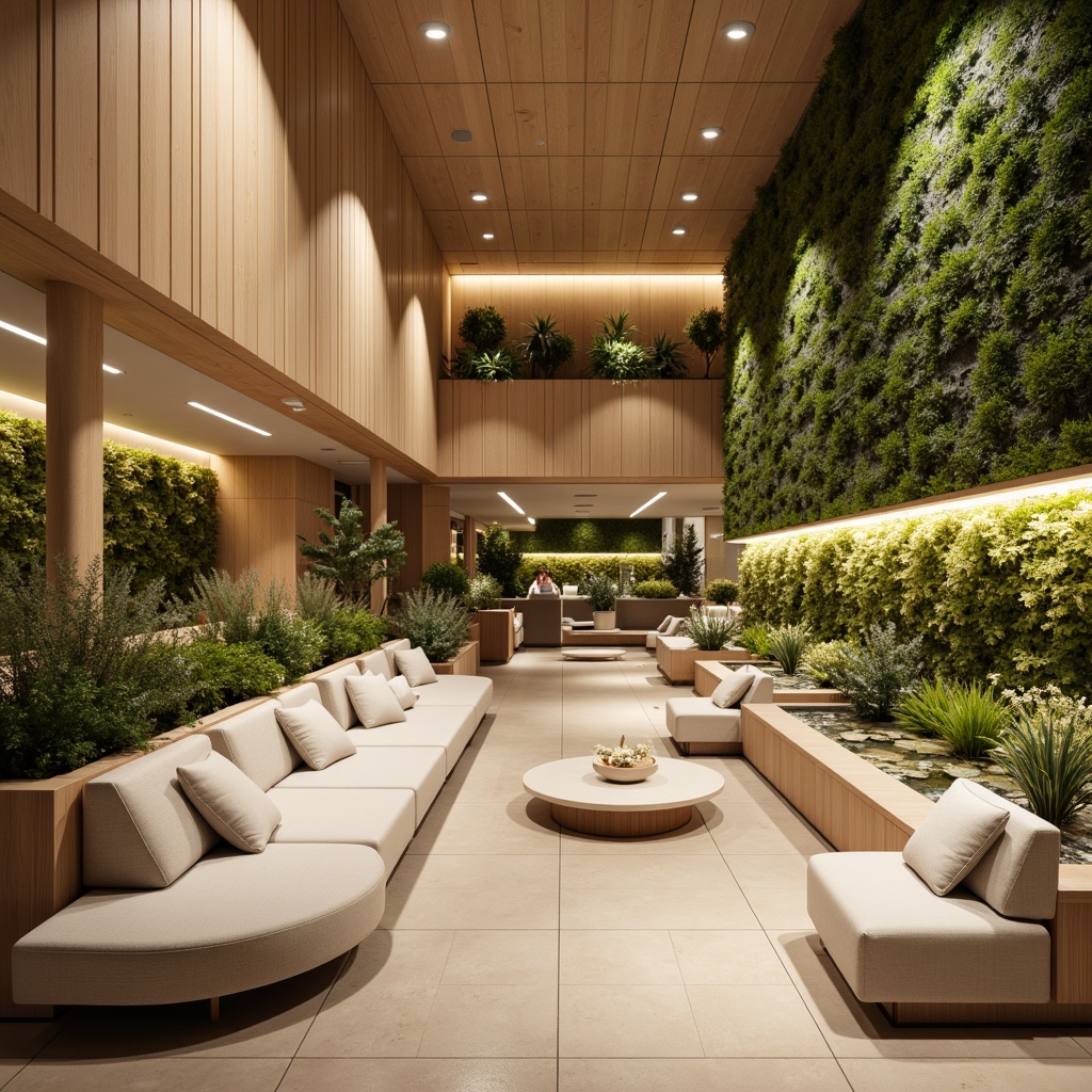 Prompt: Soothing healthcare facility, calming atmosphere, gentle LED lighting, warm color temperatures, natural materials, reclaimed wood accents, living green walls, peaceful water features, serene soundscapes, minimalist decor, circular shapes, organic forms, comfortable seating areas, soft cushions, subtle textures, warm beige tones, gentle diffused light, 1/1 composition, shallow depth of field, realistic renderings.