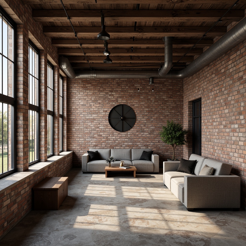 Prompt: Industrial chic interior, exposed brick walls, metal beams, reclaimed wood accents, distressed finishes, urban loft atmosphere, vintage decorative lighting, rustic pipe fixtures, matte black metal pipes, natural stone flooring, minimalist decor, neutral color palette, warm ambient lighting, shallow depth of field, 1/1 composition, realistic textures, ambient occlusion.