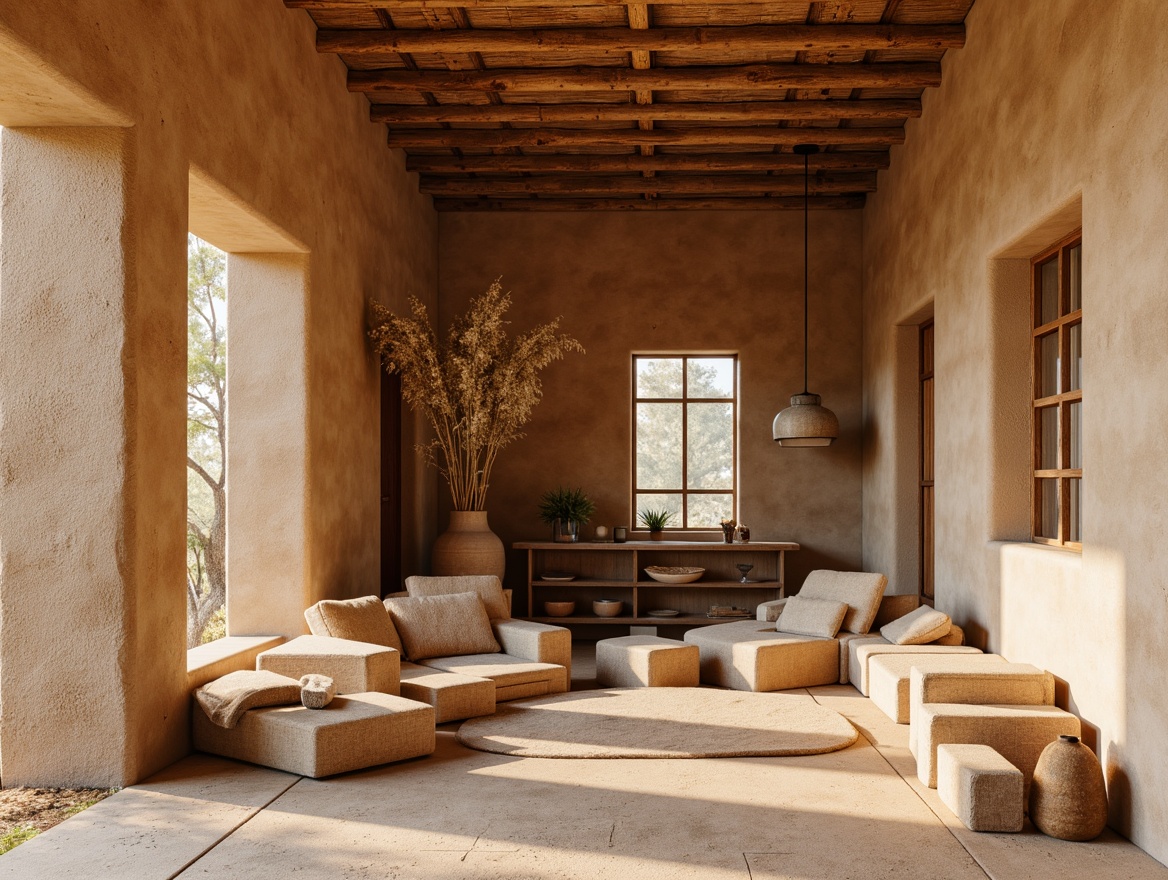 Prompt: Earth-toned rammed earth walls, natural textures, organic forms, rustic charm, earthenware colors, sandy undertones, rough-hewn surfaces, irregular patterns, handmade craftsmanship, eco-friendly materials, sustainable building practices, warm ambient lighting, soft shadows, 1/2 composition, close-up shots, realistic renderings, subtle color variations.