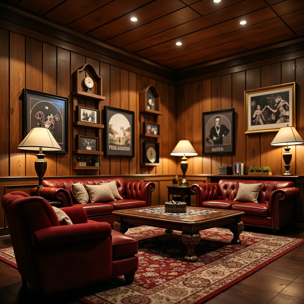 Prompt: Cozy game room, warm wooden paneling, rich leather sofas, plush velvet armchairs, dark wood coffee tables, ornate metal lamps, vintage gaming posters, traditional Persian rugs, comfortable velvet ottomans, rustic wooden shelves, classic board games, soft warm lighting, shallow depth of field, 1/1 composition, realistic textures, ambient occlusion.