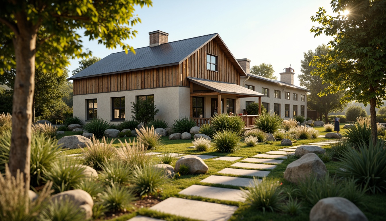 Prompt: Rustic farmhouse, vintage decor, earthy tones, warm beige walls, distressed wood accents, soft sage greenery, muted blues, weathered metal roofs, natural stone pathways, lush wildflowers, sunny afternoon, warm golden lighting, shallow depth of field, 1/1 composition, realistic textures, ambient occlusion.