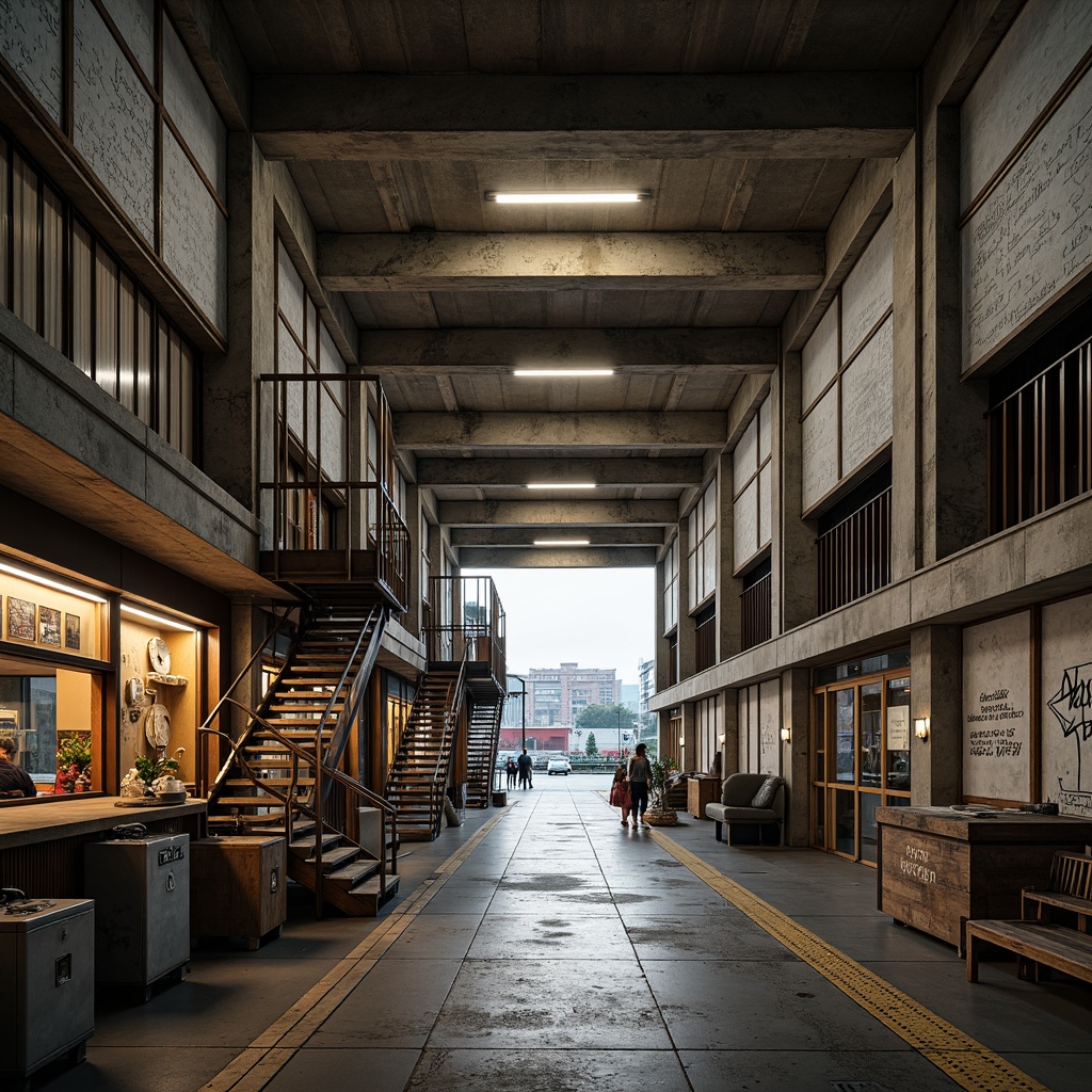 Prompt: Rugged brutalist train station interior, exposed concrete walls, industrial metal beams, harsh overhead lighting, urban graffiti, distressed wood accents, vintage luggage racks, metallic staircases, suspended ceilings, acoustic paneling, sound-absorbing materials, geometric diffusers, wave-like sound baffles, warm ambient glow, low-angle natural light, 1/2 composition, atmospheric perspective, realistic reflections, subtle noise texture.